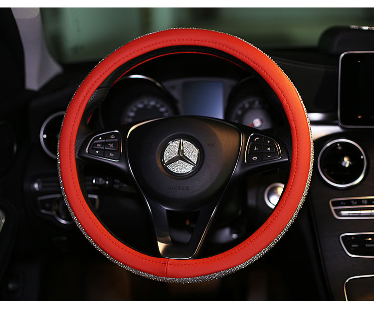 Luxury Full Diamod Rhinestone Leather Auto General Anti-slip Crystal Car Steering Wheel Cover Women - Red Silver