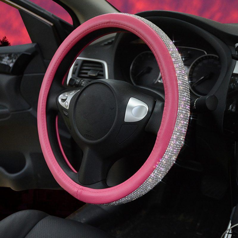 Luxury Full Diamod Rhinestone Leather Auto General Anti-slip Crystal Car Steering Wheel Cover Women - Rose Silver