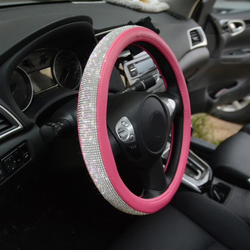 Luxury Full Diamod Rhinestone Leather Auto General Anti-slip Crystal Car Steering Wheel Cover Women - Rose Silver