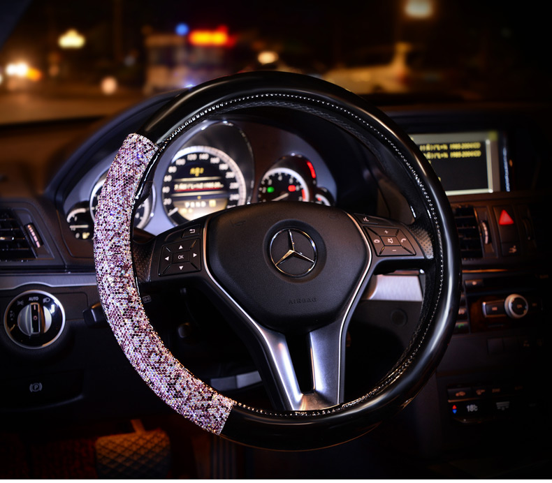 Women Diamond Crystal Car Steering Wheel Cover Rhinestone Premium Leather Car-Styling - Black Purple