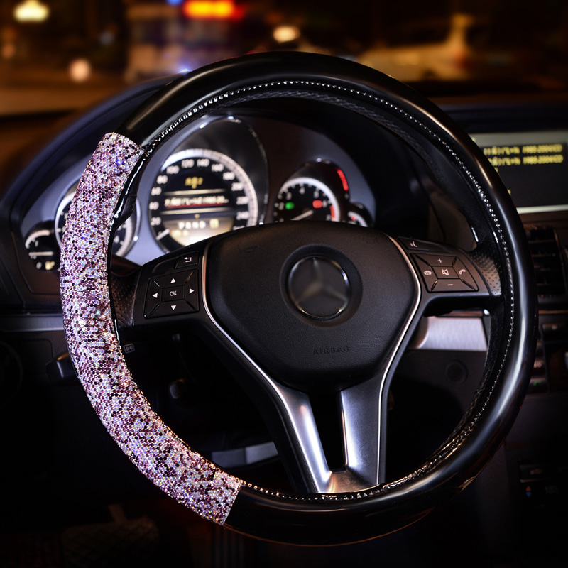 Women Diamond Crystal Car Steering Wheel Cover Rhinestone Premium Leather Car-Styling - Black Purple