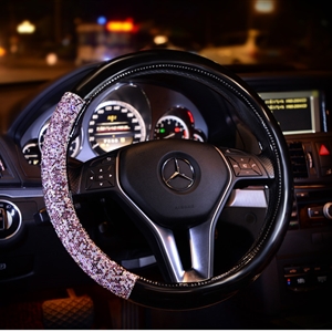 Women Diamond Crystal Car Steering Wheel Cover Rhinestone Premium Leather Car-Styling - Black Purple