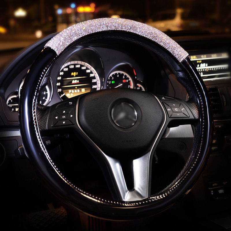 Women Diamond Crystal Car Steering Wheel Cover Rhinestone Premium Leather Car-Styling - Black White