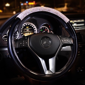 Women Diamond Crystal Car Steering Wheel Cover Rhinestone Premium Leather Car-Styling - Black White