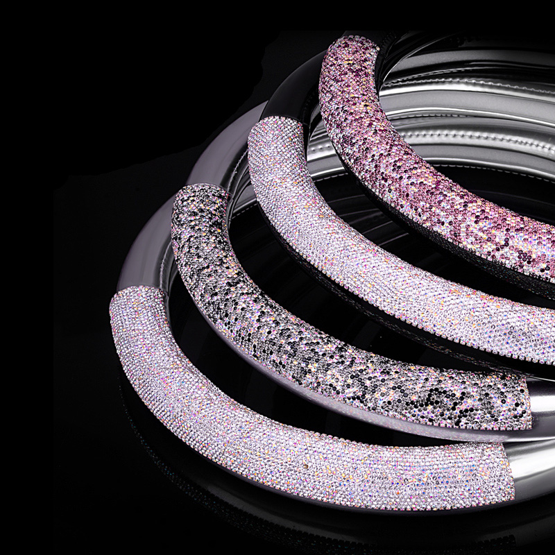 Women Diamond Crystal Car Steering Wheel Cover Rhinestone Premium Leather Car-Styling - Black White