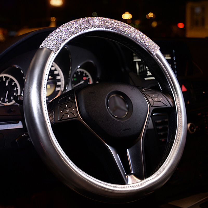 Women Diamond Crystal Car Steering Wheel Cover Rhinestone Premium Leather Car-Styling - Silver White