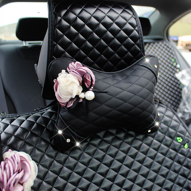 1PCS Plaid Bling Leather Car Neck Pillow Flower General Auto Headrest for Female- Black