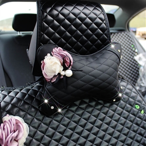 1PCS Plaid Bling Leather Car Neck Pillow Flower General Auto Headrest for Female- Black