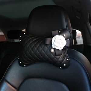 1PCS Plaid Crystal Leather Car Neck Pillow Camellia General Auto Headrest for Women - Black