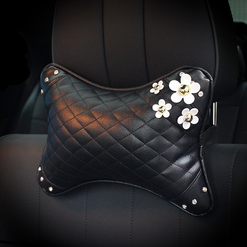 1PCS Plaid Crystal Leather Car Neck Pillow Daisy General Auto Headrest for Women - Black