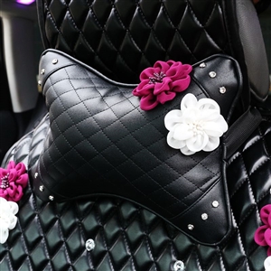 1PCS Plaid Crystal Leather Car Neck Pillow Flower General Auto Headrest for Female- Black