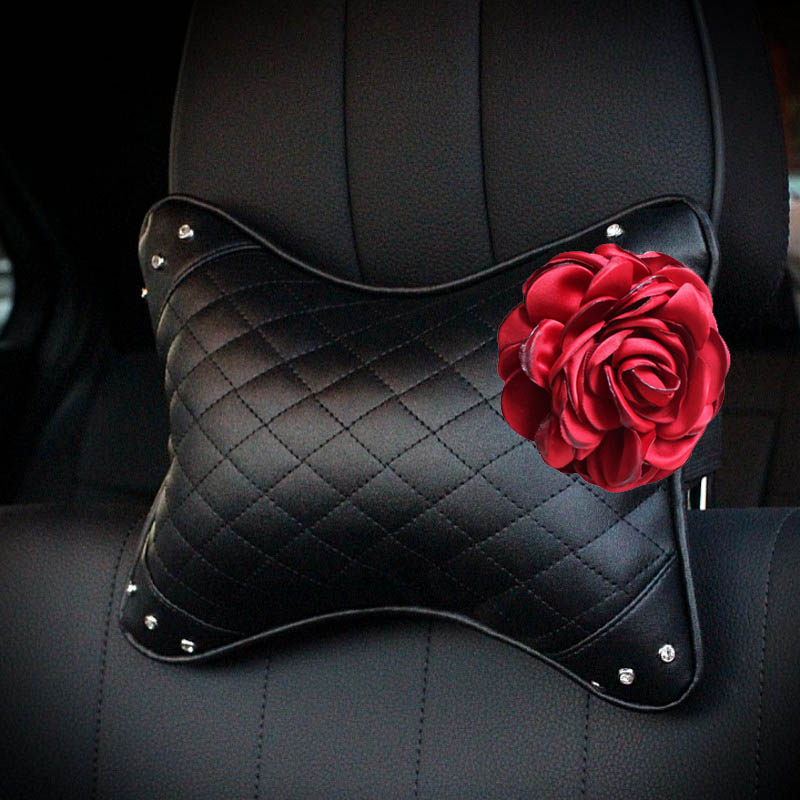 1PCS Plaid Crystal Leather Car Neck Pillow Flower General Auto Headrest for Women - Black