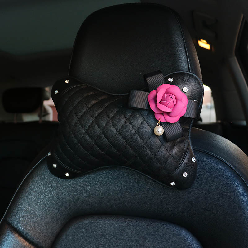 1PCS Plaid Crystal Leather Neck Pillow Camellia General Auto Headrest for Women - Black
