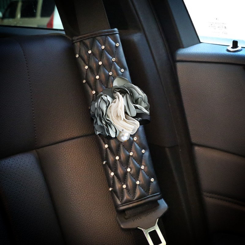 1pcs Auto Safety Seat Belt Covers Female Creative Diamond Flower Leather Shoulder Pads - Black