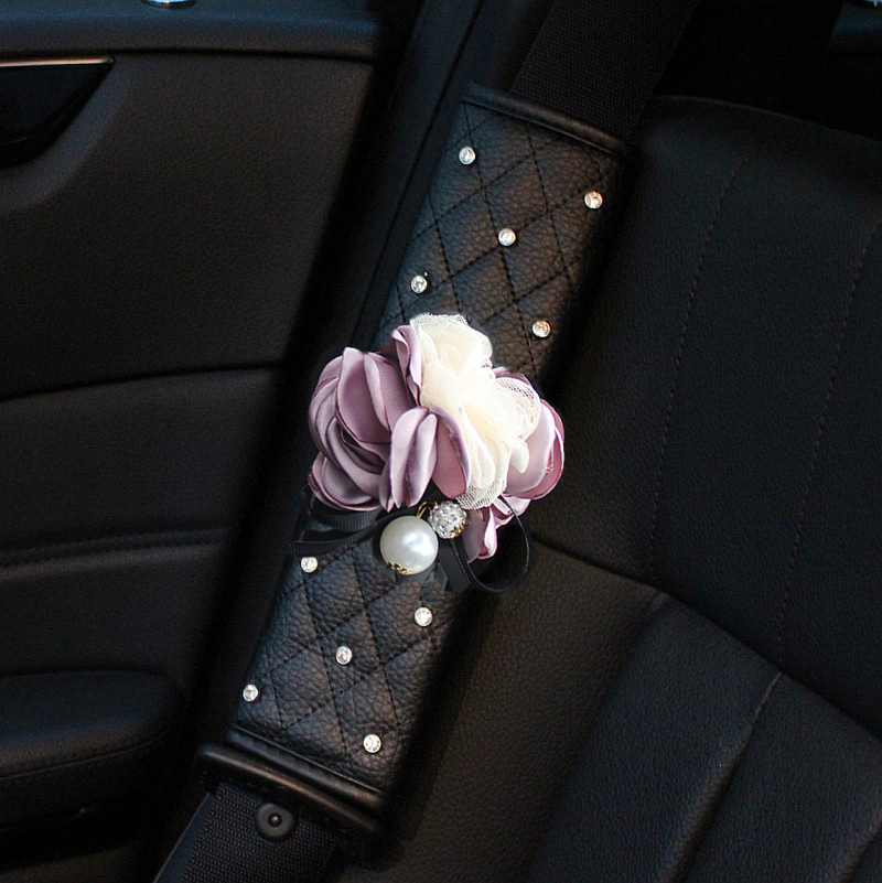 1pcs Car Safety Seat Belt Covers Female Creative Diamond Flower Leather Shoulder Pads - Black