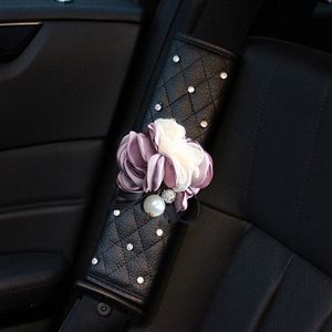 1pcs Car Safety Seat Belt Covers Female Creative Diamond Flower Leather Shoulder Pads - Black