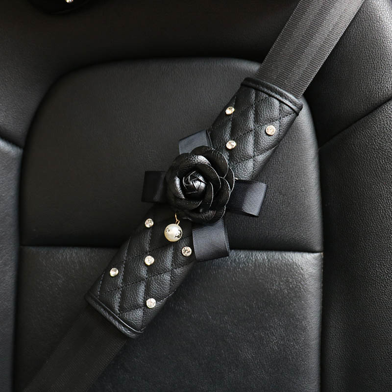 1pcs Car Safety Seat Belt Covers Women Creative Diamond Camellia Leather Shoulder Pads - Black
