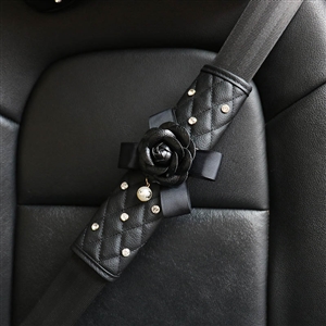 1pcs Car Safety Seat Belt Covers Women Creative Diamond Camellia Leather Shoulder Pads - Black