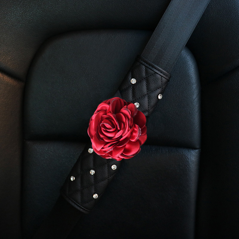 1pcs Car Safety Seat Belt Covers Women Creative Diamond Flower Leather Shoulder Pads - Black