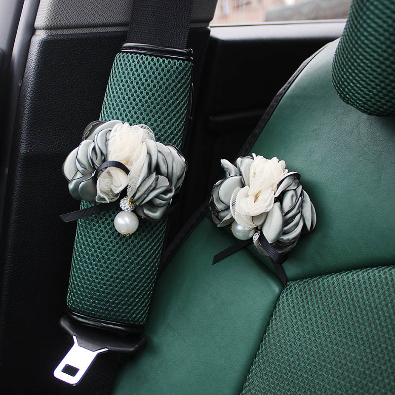 1pcs Car Safety Seat Belt Covers Women Creative Mesh Flower Leather Shoulder Pads - Green