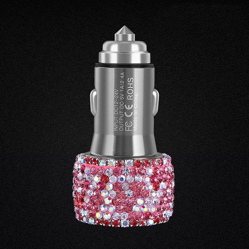 2.4A Diamond Dual USB Quick Car Charger Mobile Phone iPad Rotate Fast Charging Adapter - Pink