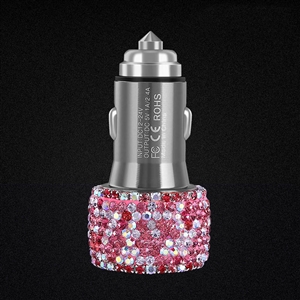 2.4A Diamond Dual USB Quick Car Charger Mobile Phone iPad Rotate Fast Charging Adapter - Pink