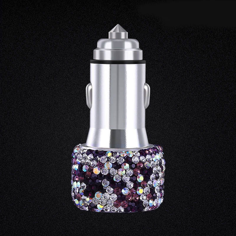 2.4A Diamond Dual USB Quick Car Charger Mobile Phone iPad Rotate Fast Charging Adapter - Purple