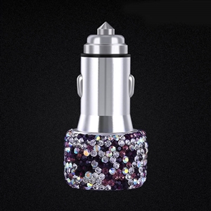 2.4A Diamond Dual USB Quick Car Charger Mobile Phone iPad Rotate Fast Charging Adapter - Purple
