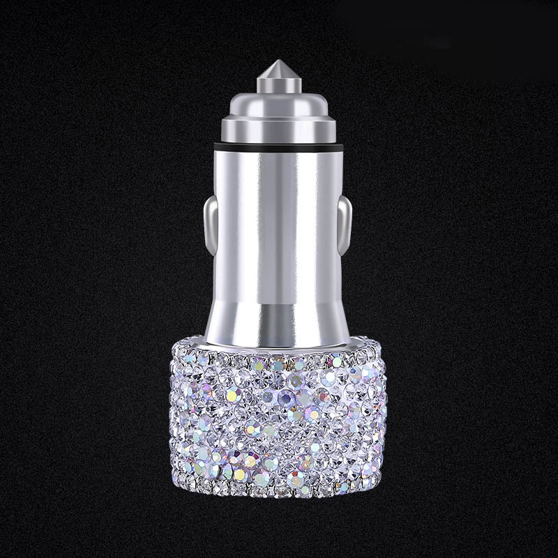 2.4A Diamond Dual USB Quick Car Charger Mobile Phone iPad Rotate Fast Charging Adapter - White