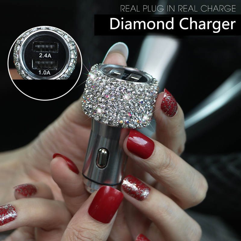 2.4A Diamond Dual USB Quick Car Charger Mobile Phone iPad Rotate Fast + USB Data Cable - White