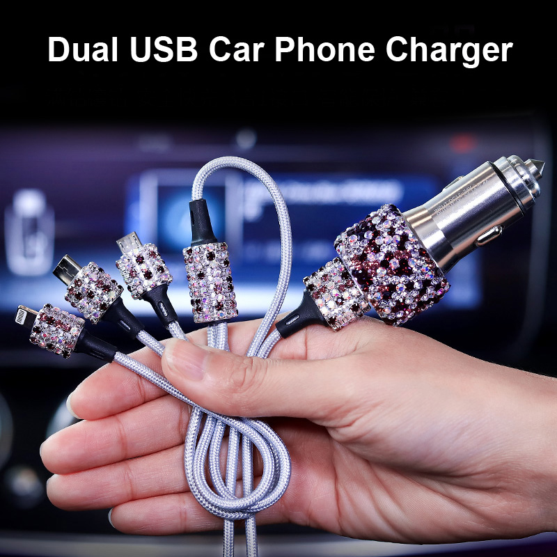 2.4A Diamond Dual USB Quick Car Charger Mobile Phone iPad Rotate Fast + USB Data Cable - Purple