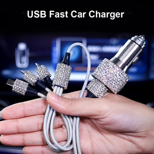 2.4A Diamond Dual USB Quick Car Charger Mobile Phone iPad Rotate Fast + USB Data Cable - White