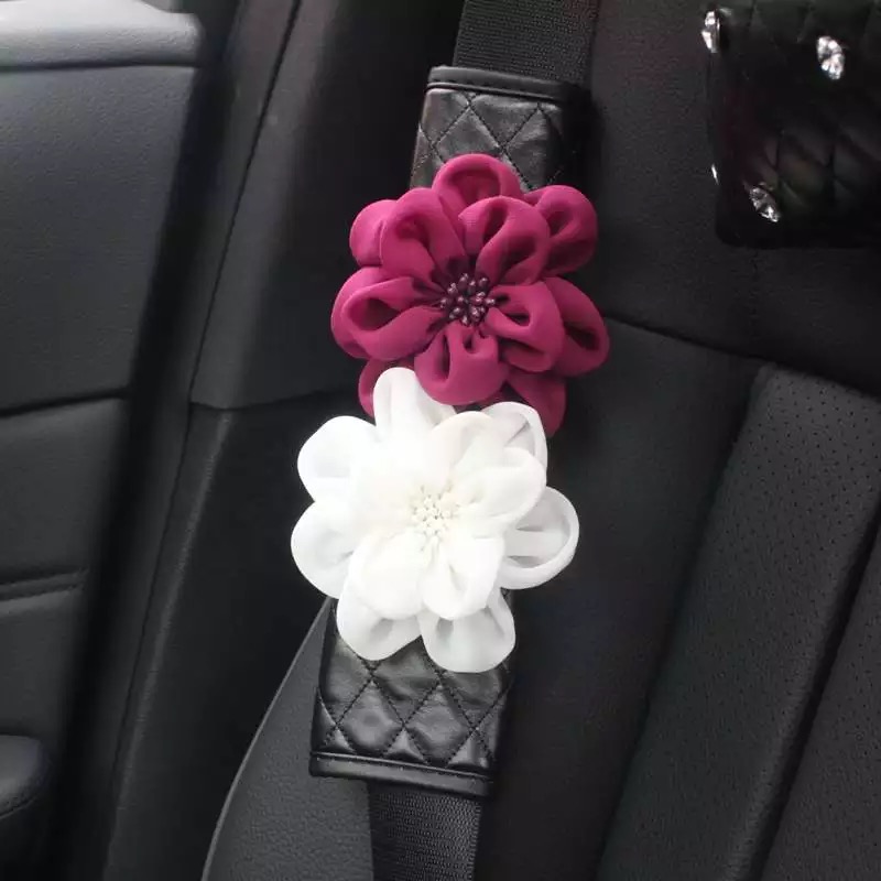 2pcs Car Safety Seat Belt Covers Women Creative Diamond Flower Leather Shoulder Pads - Black
