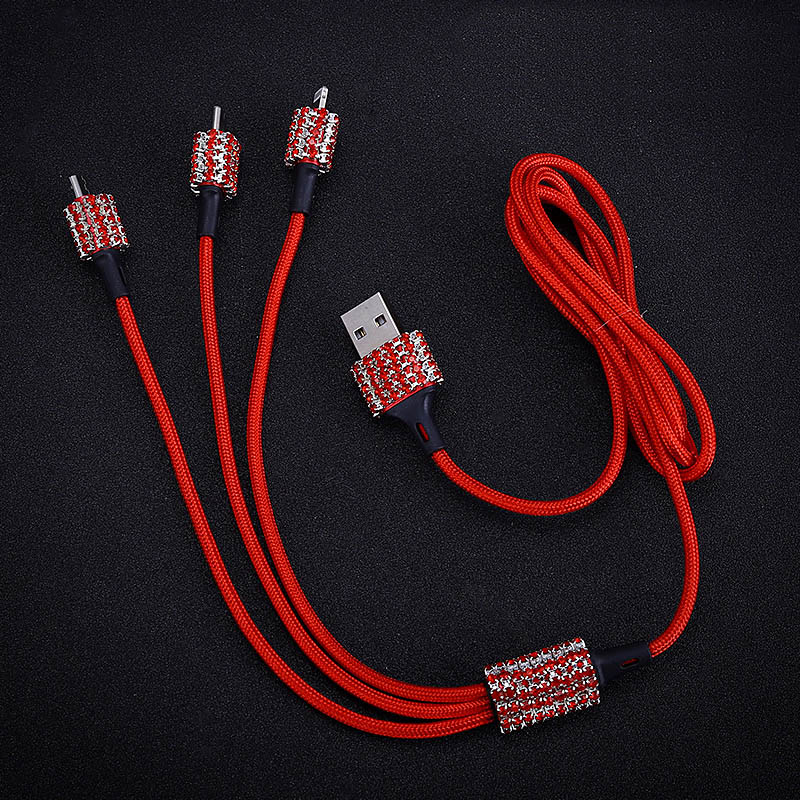 3 in 1 Universal Crystal Diamond USB Data Cable Mobile Phone Car Charge Line in Car - Red