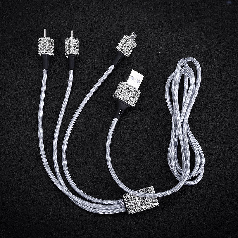 3 in 1 Universal Crystal Diamond USB Data Cable Mobile Phone Car Charge Line in Car - White