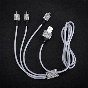 3 in 1 Universal Crystal Diamond USB Data Cable Mobile Phone Car Charge Line in Car - White