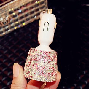 3.1A Rhinestones Dual USB Quick Car Charger Mobile Phone iPad Rotate Fast Charging Adapter - AB Pink