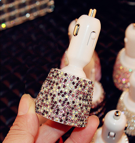 3.1A Rhinestones Dual USB Quick Car Charger Mobile Phone iPad Rotate Fast Charging Adapter - AB Purple