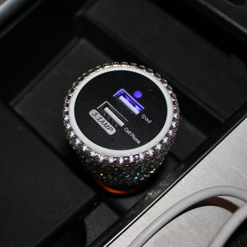 3.1A Rhinestones Dual USB Quick Car Charger Mobile Phone iPad Rotate Fast Charging Adapter - AB White