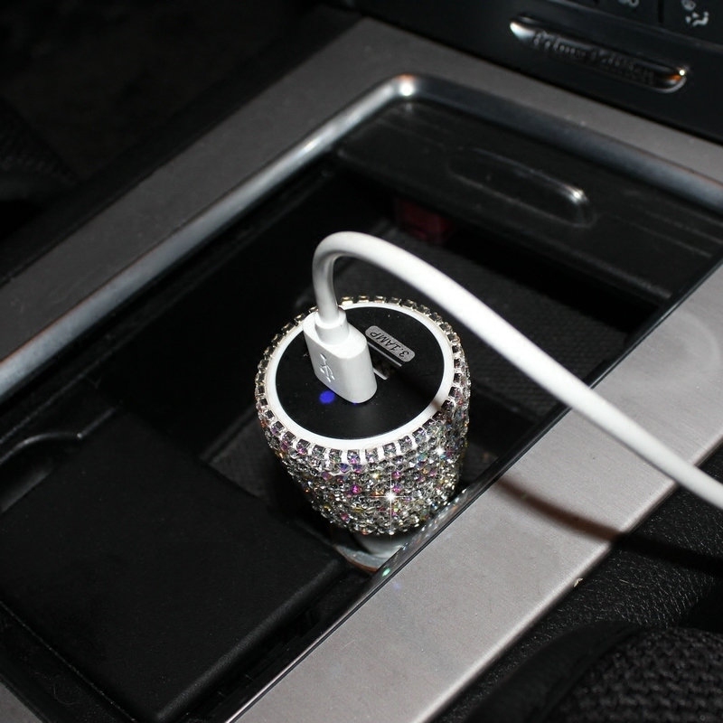 3.1A Rhinestones Dual USB Quick Car Charger Mobile Phone iPad Rotate Fast Charging Adapter - AB White