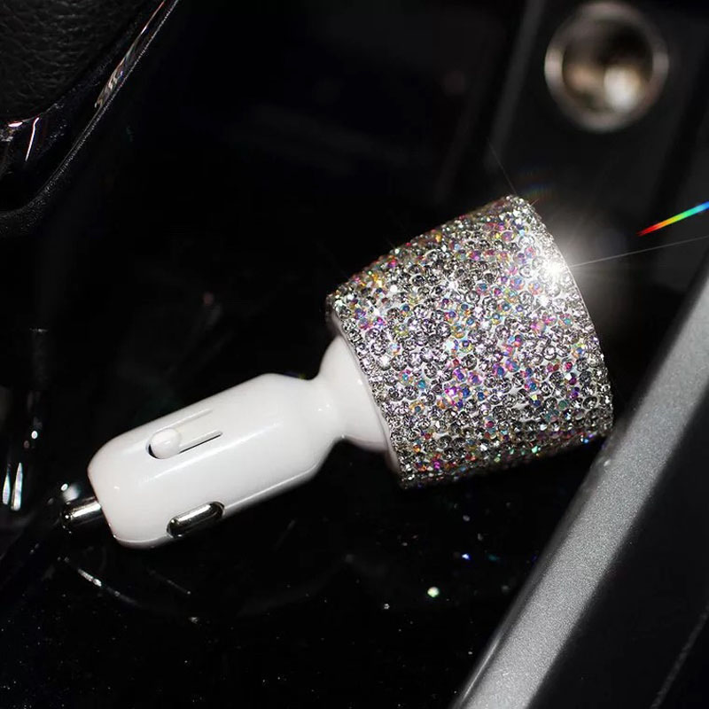 3.1A Rhinestones Dual USB Quick Car Charger Mobile Phone iPad Rotate Fast Charging Adapter - AB White