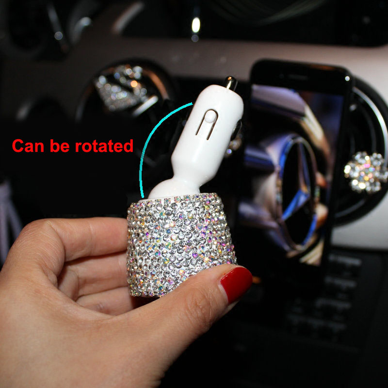 3.1A Rhinestones Dual USB Quick Car Charger Mobile Phone iPad Rotate Fast Charging Adapter - AB White