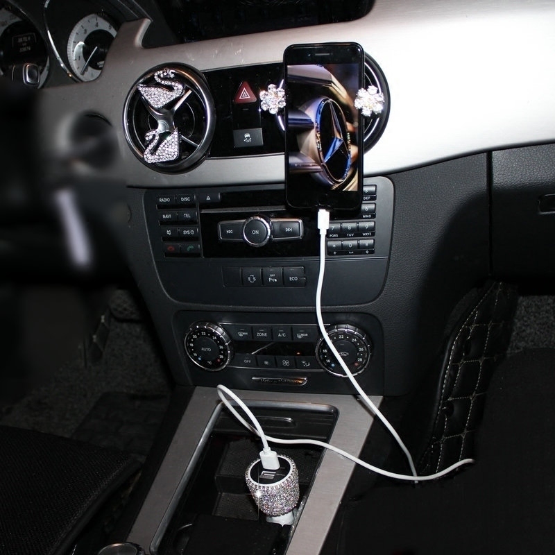 3.1A Rhinestones Dual USB Quick Car Charger Mobile Phone iPad Rotate Fast Charging Adapter - AB White