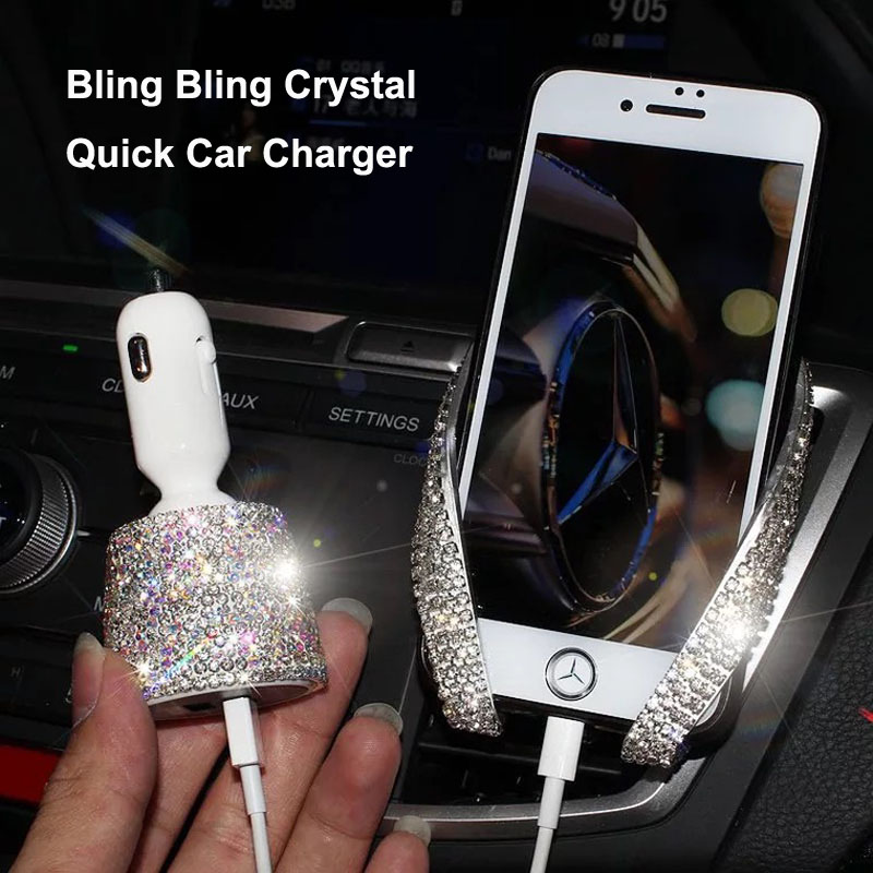 3.1A Rhinestones Dual USB Quick Car Charger Mobile Phone iPad Rotate Fast Charging Adapter - AB White