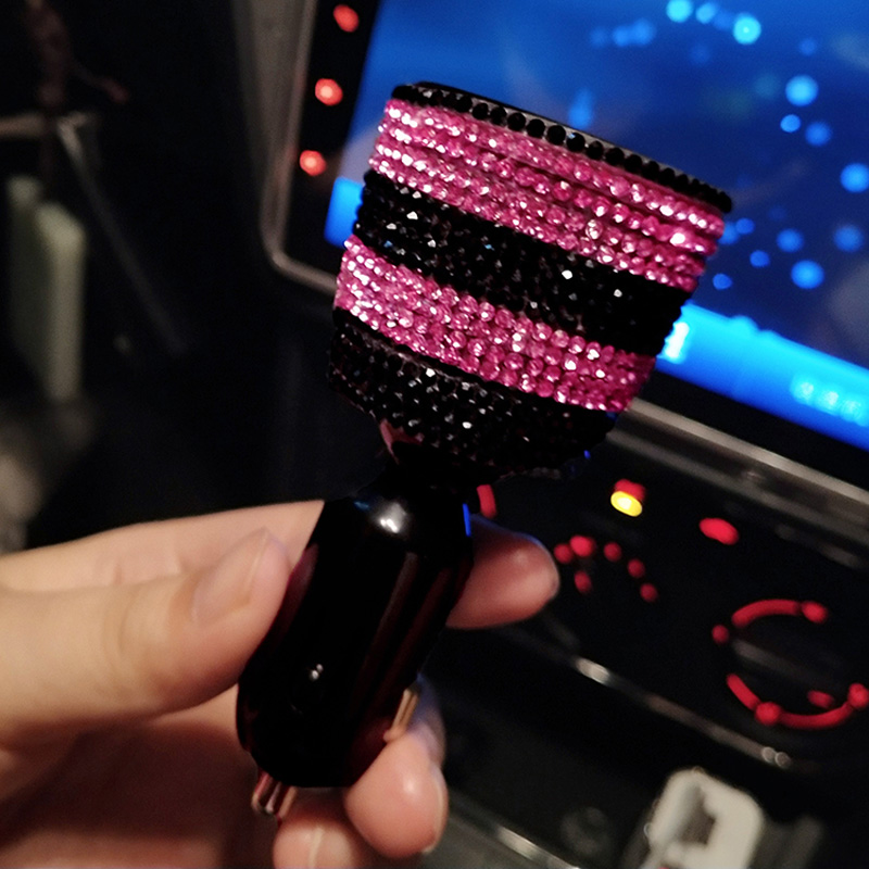 3.1A Rhinestones Dual USB Quick Car Charger Mobile Phone iPad Rotate Fast Charging Adapter - Black Rose