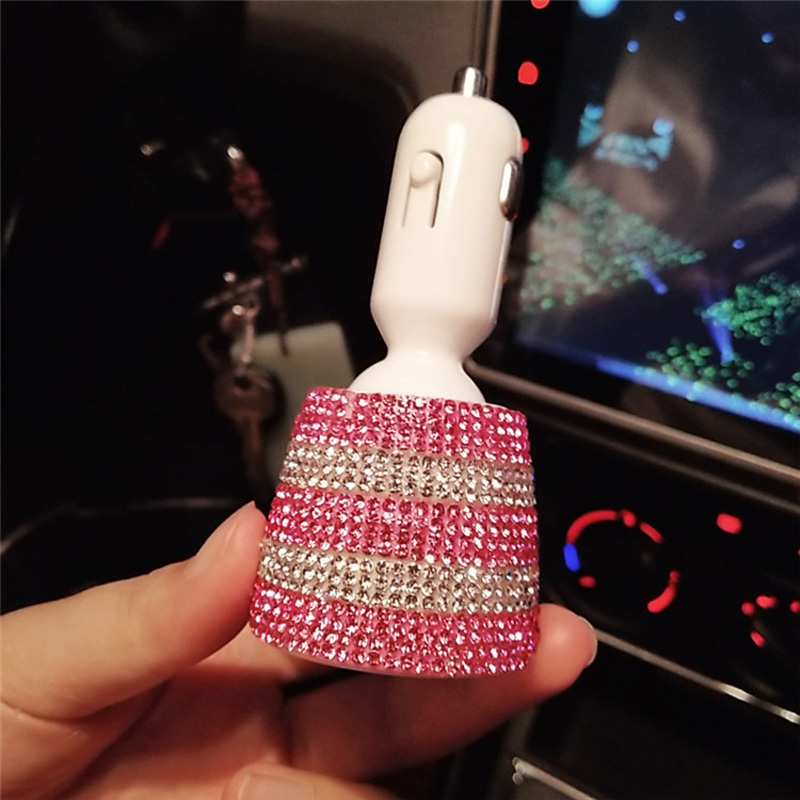 3.1A Rhinestones Dual USB Quick Car Charger Mobile Phone iPad Rotate Fast Charging Adapter - Pink White