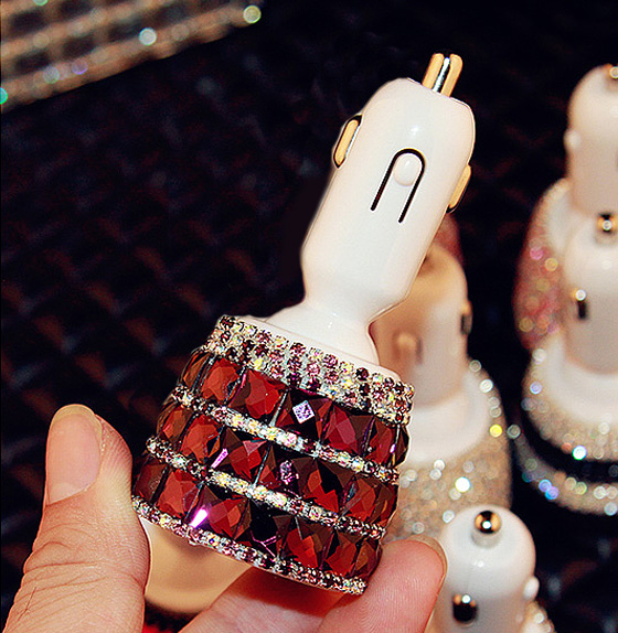 3.1A Rhinestones Dual USB Quick Car Charger Mobile Phone iPad Rotate Fast Charging Adapter - Square Purple