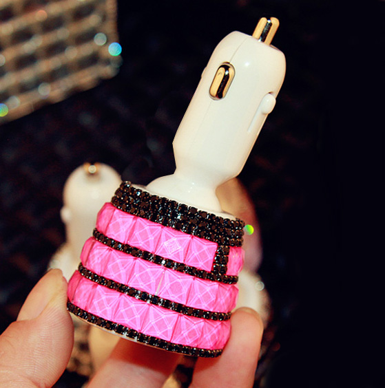 3.1A Rhinestones Dual USB Quick Car Charger Mobile Phone iPad Rotate Fast Charging Adapter - Square Rose