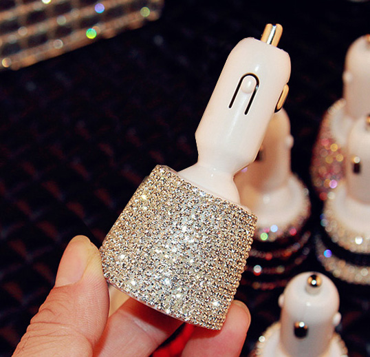 3.1A Rhinestones Dual USB Quick Car Charger Mobile Phone iPad Rotate Fast Charging Adapter - White