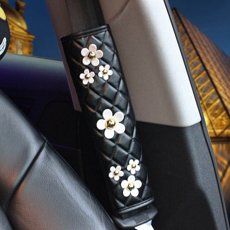 Beautiful 1pcs Car Safety Seat Belt Covers Women Creative Daisy Leather Shoulder Pads - Black
